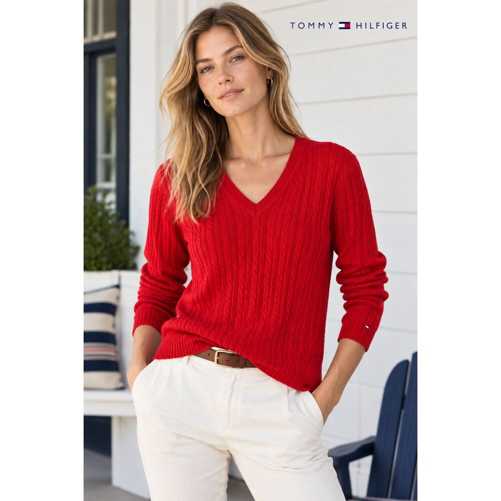 Tommy Hilfiger Red Cable Knit V-Neck Sweater L 100% Cotton Classic Preppy